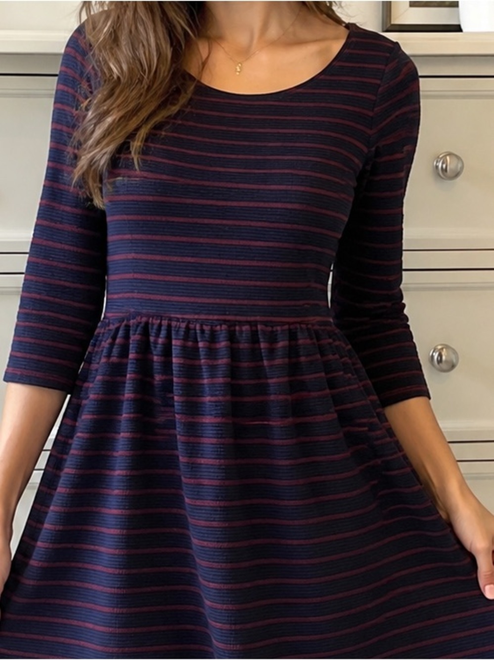 Anthropologie Maeve Dark Academia Babydoll Dress Size 12 Stripe Preppy Chic